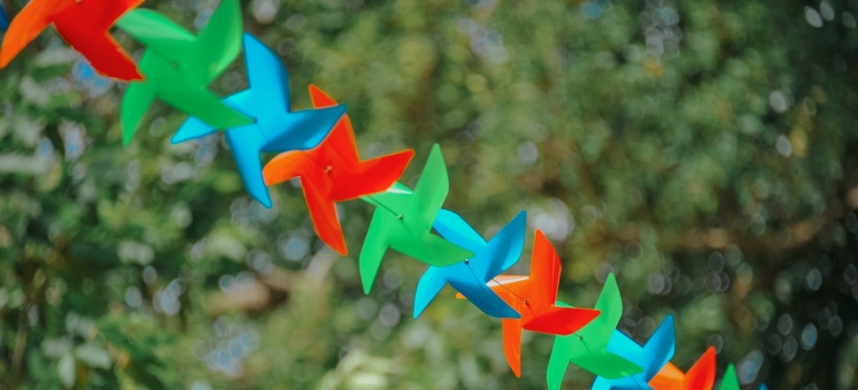 Colorful pinwheels on a string.