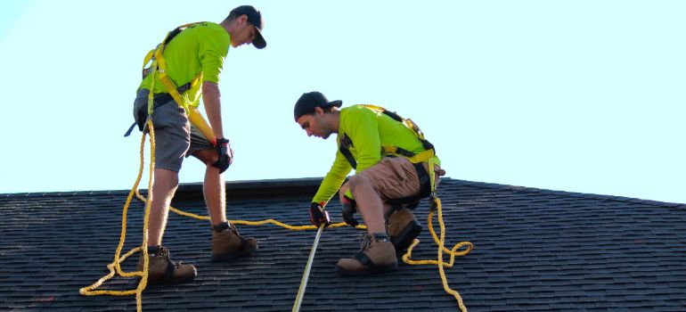 Two roof cleaners working together