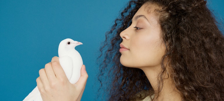 woman holding a pigeon while thinking about what to do when a bird gets stuck in your chimney